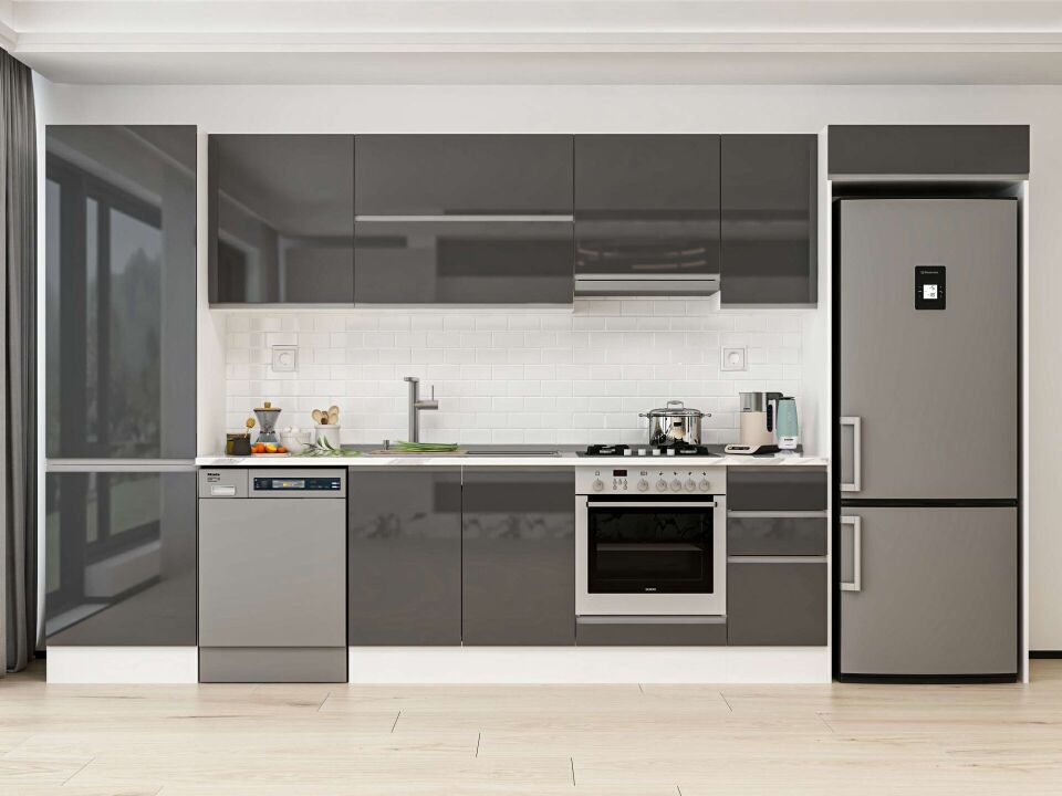 Alvinka 380X222 Cm High Gloss Mutfak Dolabı Mbb-E80B60S40-1 High Gloss | Antrasit - Mdf