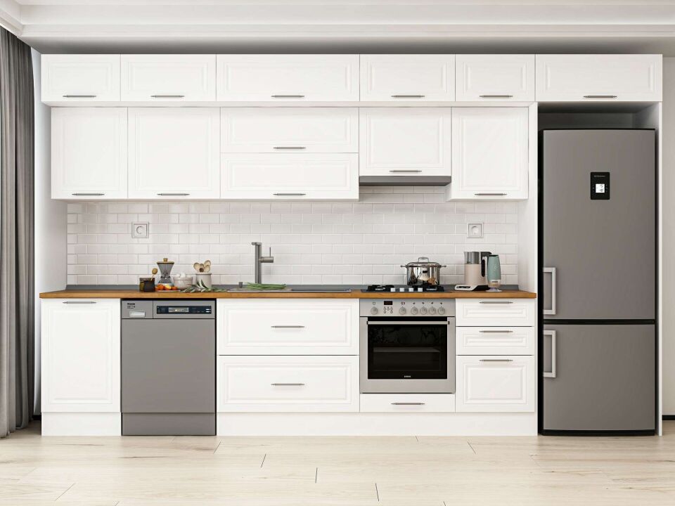 Alvinka 390X240 Cm Klasik Mebran Mutfak Dolabı Mb-E90S50S50-1 Mebran | Beyaz - Mdf