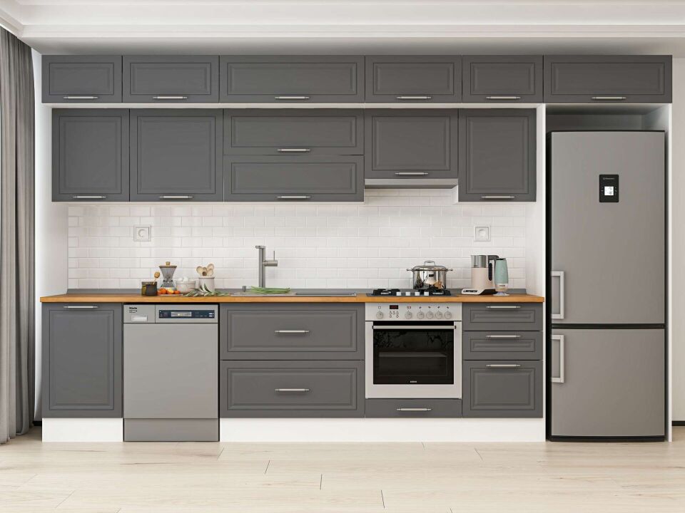 Alvinka 390X240 Cm Klasik Mebran Mutfak Dolabı Mb-E90S50S50-1 Mebran | Antrasit - Mdf