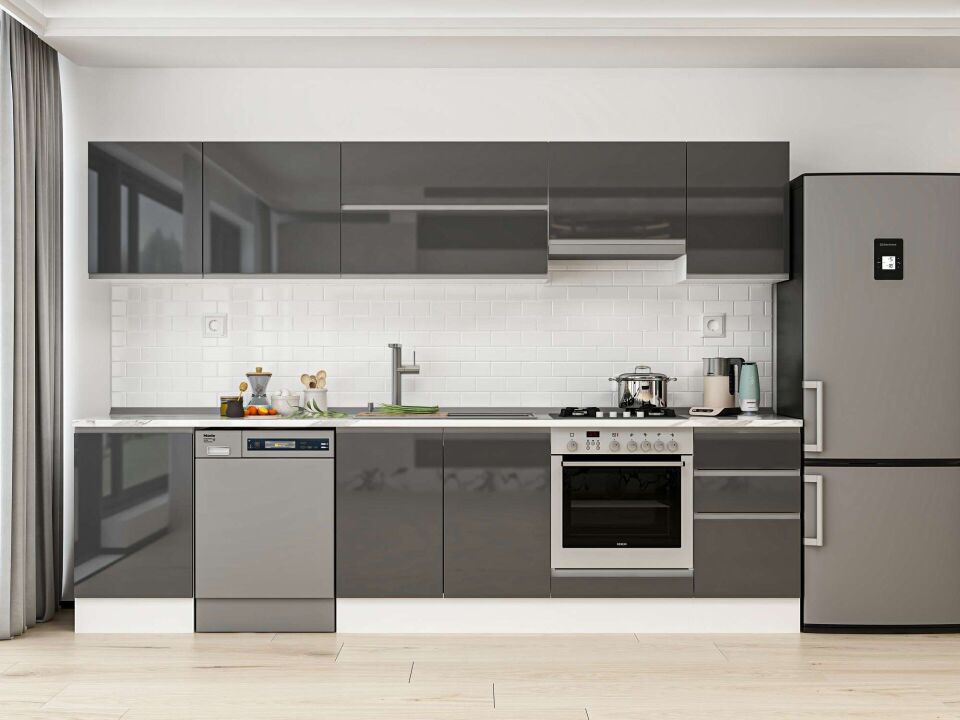 Alvinka 295X210 Cm High Gloss Mutfak Dolabı M-E80S50S45-1 High Gloss | Antrasit - Mdf