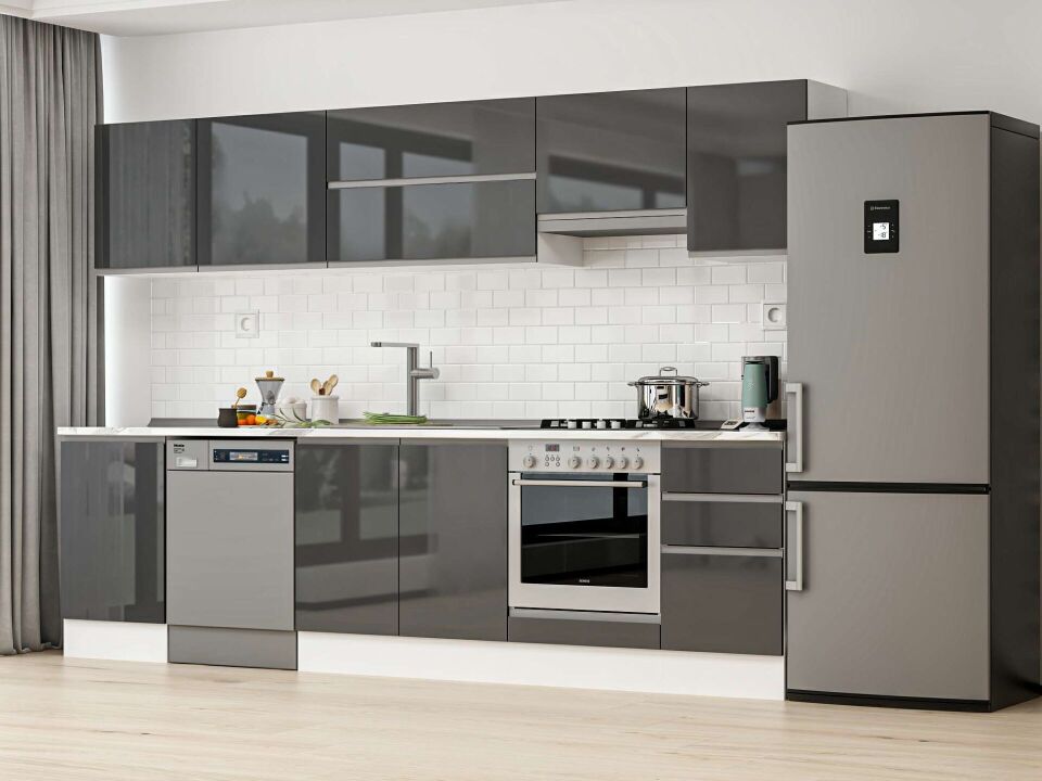 Alvinka 295X210 Cm High Gloss Mutfak Dolabı M-E80S50S45-1 High Gloss | Antrasit - Mdf