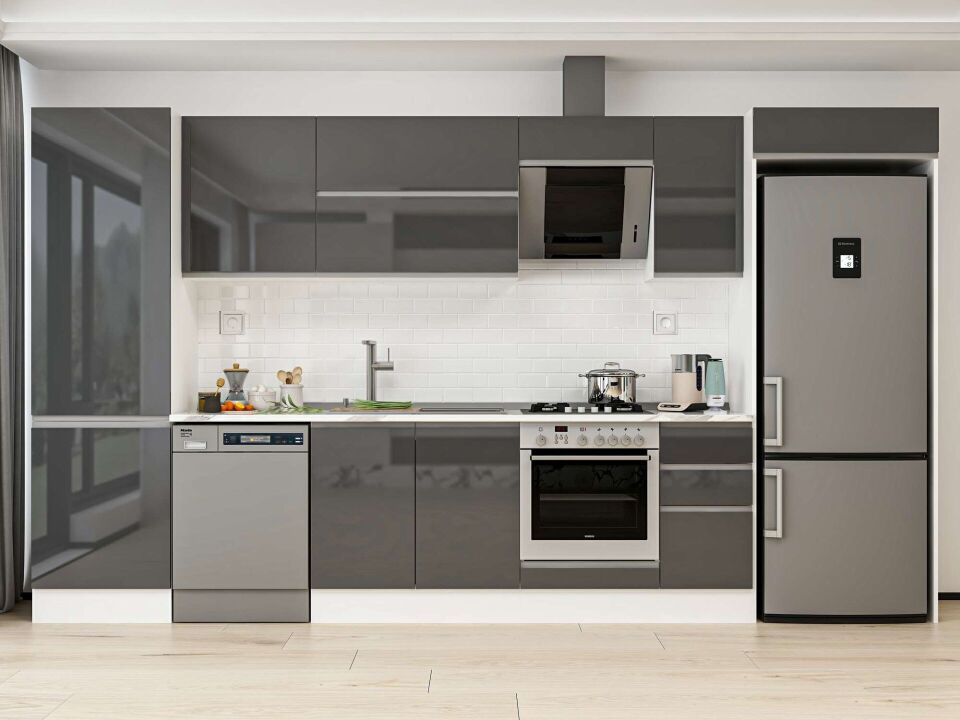 Alvinka 380X222 Cm High Gloss Mutfak Dolabı Mbb-E80B60S40-2 High Gloss | Antrasit - Mdf