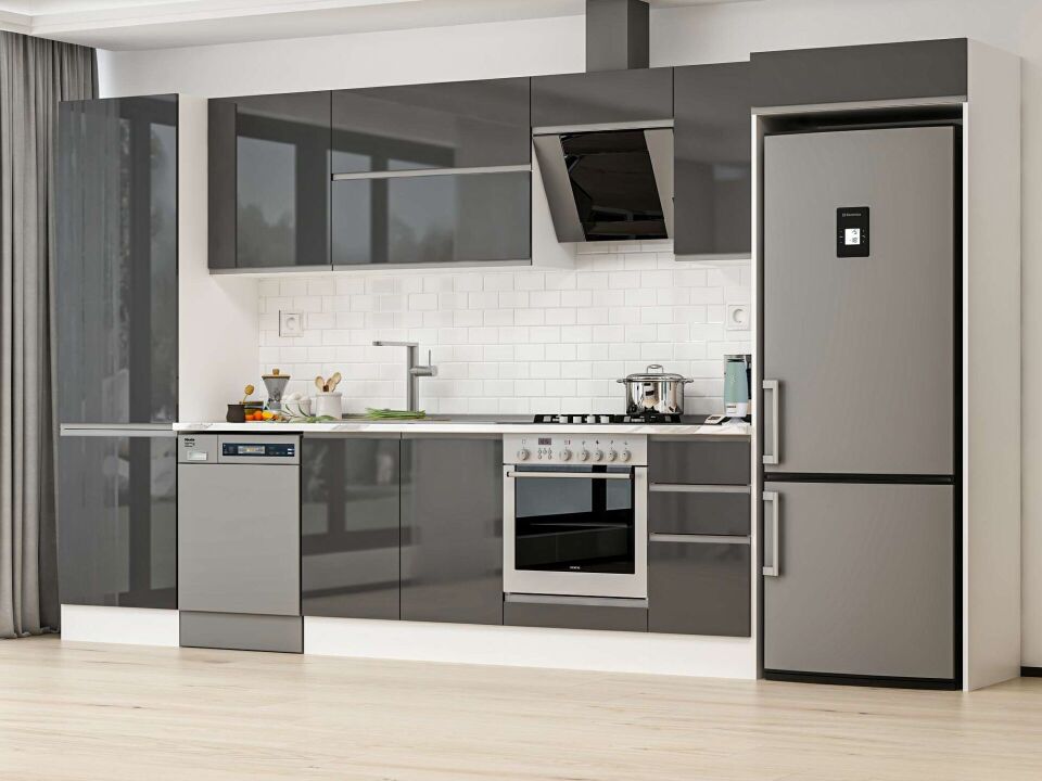 Alvinka 380X222 Cm High Gloss Mutfak Dolabı Mbb-E80B60S40-2 High Gloss | Antrasit - Mdf