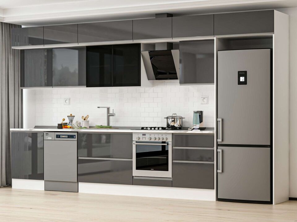 Alvinka 410X240 Cm High Gloss Mutfak Dolabı Mb-E90S60S60-3 High Gloss | Antrasit - Mdf