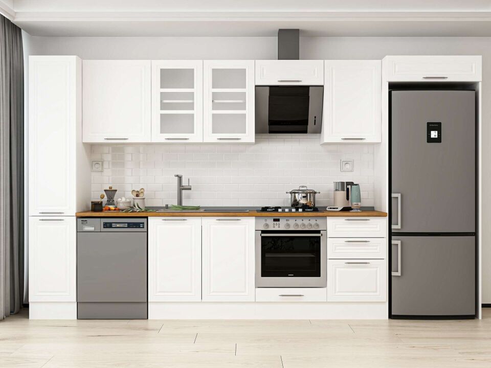 Alvinka 380X222 Cm Klasik Mebran Mutfak Dolabı Mbb-E90B40S50-3 Mebran | Beyaz - Mdf
