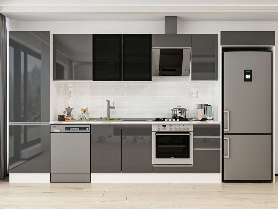 Alvinka 380X222 Cm High Gloss Mutfak Dolabı Mbb-E80B60S40-3 High Gloss | Antrasit - Mdf