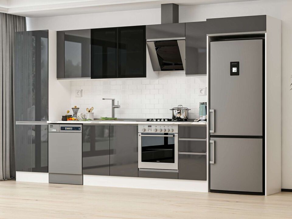 Alvinka 380X222 Cm High Gloss Mutfak Dolabı Mbb-E80B60S40-3 High Gloss | Antrasit - Mdf
