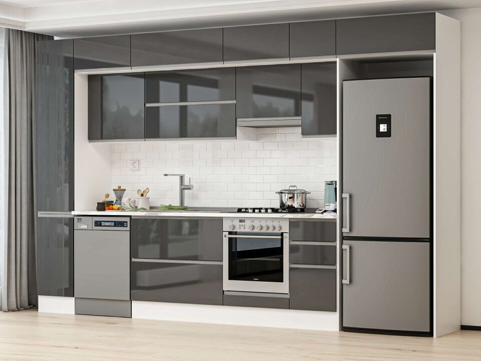 Alvinka 370X240 Cm High Gloss Mutfak Dolabı Mbb-E90B40S40-1 High Gloss | Antrasit - Mdf
