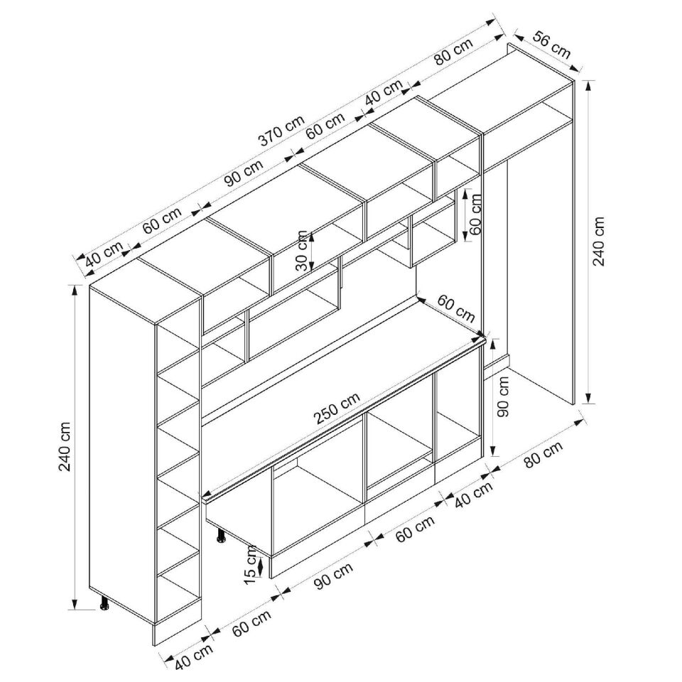 Alvinka 370X240 Cm High Gloss Mutfak Dolabı Mbb-E90B40S40-1 High Gloss | Antrasit - Mdf