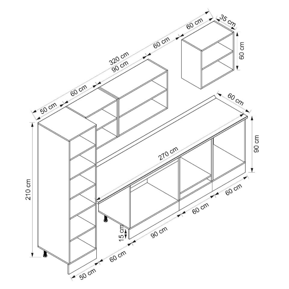 Alvinka 320X210 Cm Klasik Mebran Mutfak Dolabı Mb-E90B50S60-2 Mebran | Beyaz - Mdf