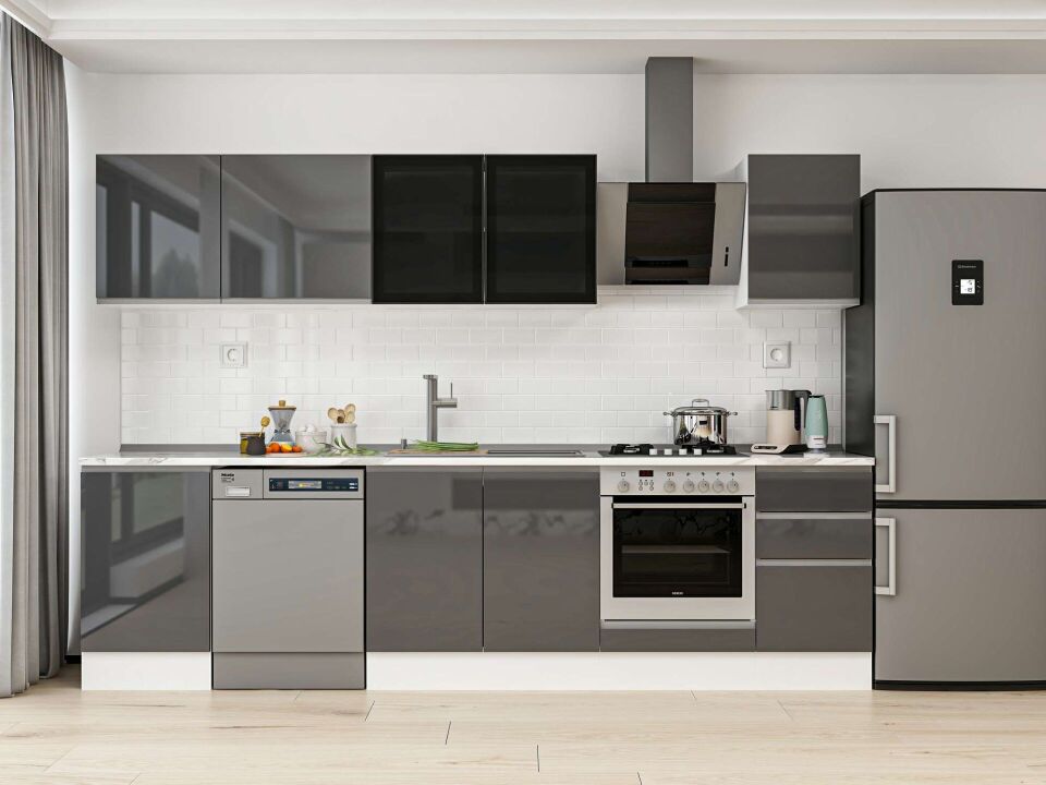 Alvinka 295X210 Cm High Gloss Mutfak Dolabı M-E80S50S45-3 High Gloss | Antrasit - Mdf
