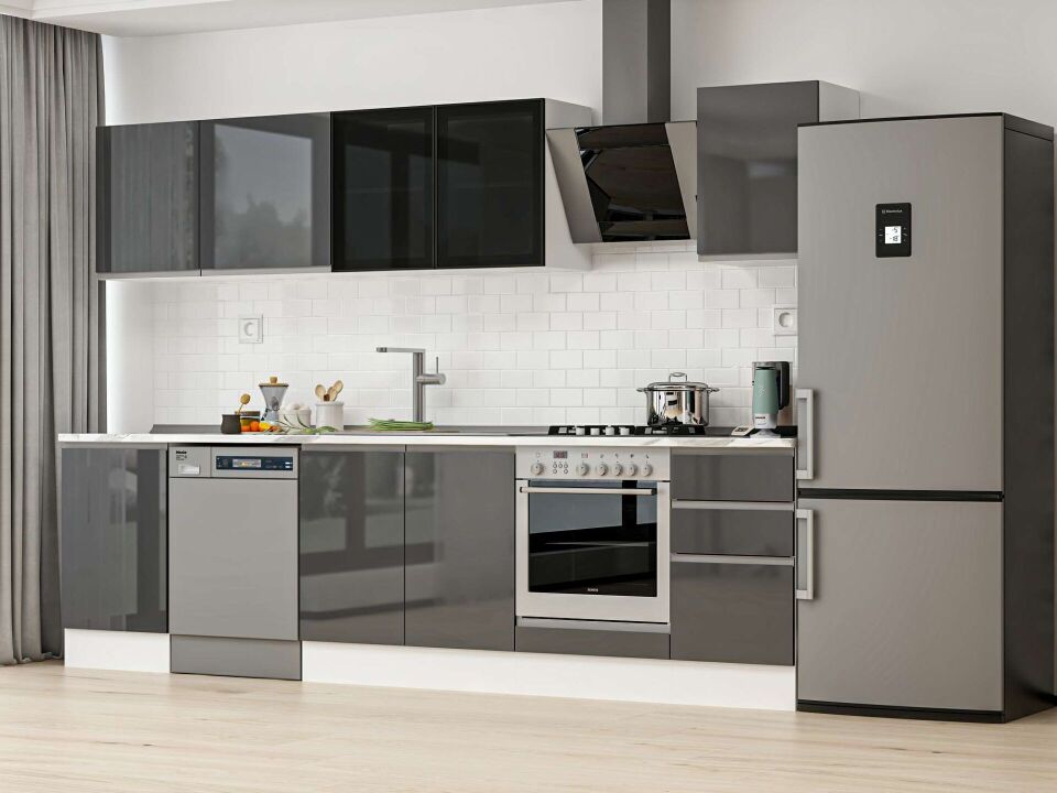 Alvinka 295X210 Cm High Gloss Mutfak Dolabı M-E80S50S45-3 High Gloss | Antrasit - Mdf