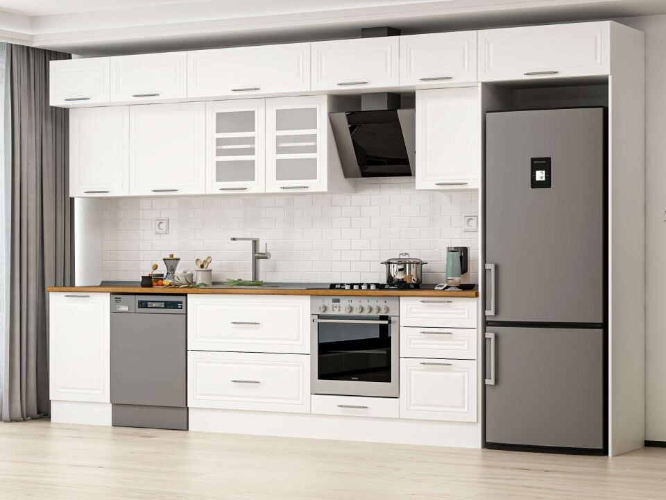 Alvinka 390X240 Cm Klasik Mebran Mutfak Dolabı Mb-E90S50S50-3 Mebran | Beyaz - Mdf