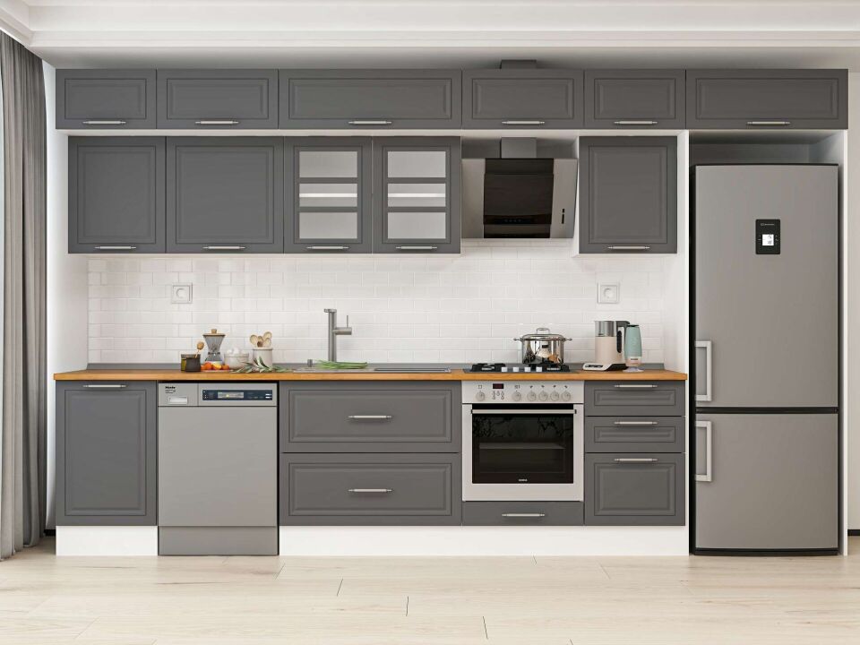 Alvinka 390X240 Cm Klasik Mebran Mutfak Dolabı Mb-E90S50S50-3 Mebran | Antrasit - Mdf