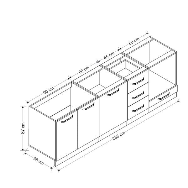 Minar 255 Cm Mutfak Dolabı Beyaz Antrasit 255-A3-Alt Modül