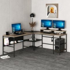 Minar Greta Raflı L Köşe Çalışma Masası - Dore/Siyah