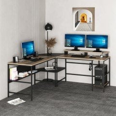 Minar Greta Raflı L Köşe Çalışma Masası - Dore/Siyah