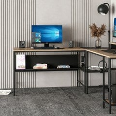 Minar Greta Raflı L Köşe Çalışma Masası - Dore/Siyah