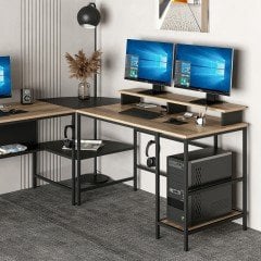 Minar Greta Raflı L Köşe Çalışma Masası - Dore/Siyah