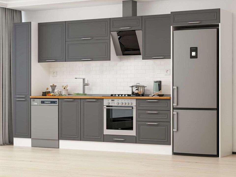 Alvinka 390X222 Cm Klasik Mebran Mutfak Dolabı Mbb-E90B40S60-2 Mebran | Antrasit - Mdf