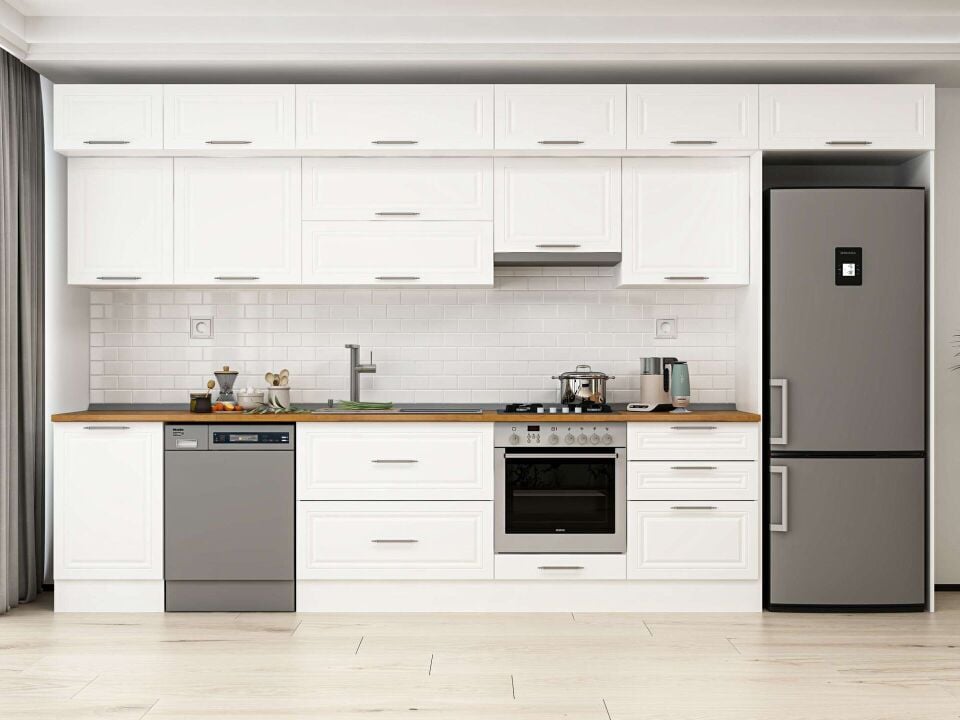 Alvinka 400X240 Cm Klasik Mebran Mutfak Dolabı Mb-E90S50S60-1 Mebran | Beyaz - Mdf