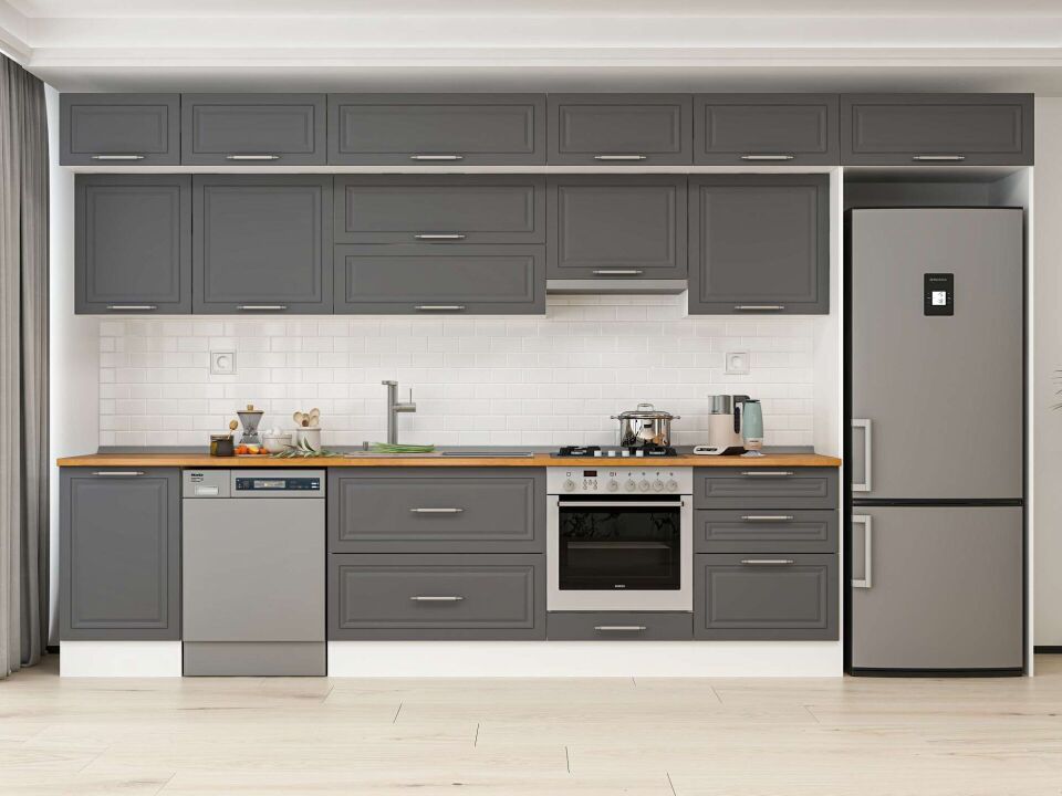 Alvinka 400X240 Cm Klasik Mebran Mutfak Dolabı Mb-E90S50S60-1 Mebran | Antrasit - Mdf