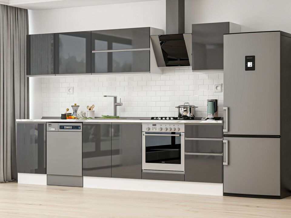 Alvinka 300X210 Cm High Gloss Mutfak Dolabı M-E80S50S50-2 High Gloss | Antrasit - Mdf