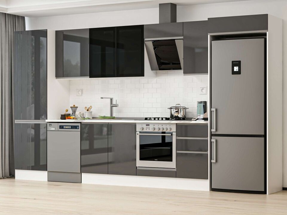 Alvinka 385X222 Cm High Gloss Mutfak Dolabı Mbb-E80B60S45-3 High Gloss | Antrasit - Mdf