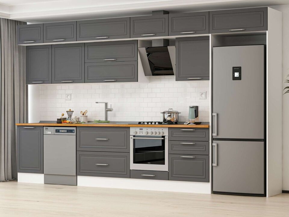 Alvinka 400X240 Cm Klasik Mebran Mutfak Dolabı Mb-E90S50S60-2 Mebran | Antrasit - Suntalam