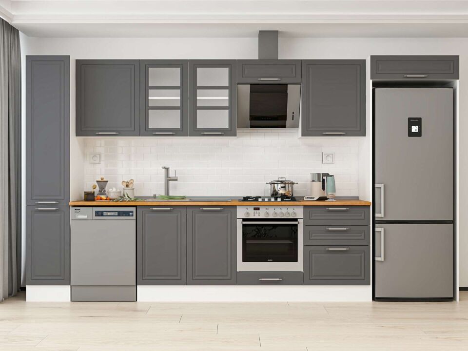 Alvinka 390X222 Cm Klasik Mebran Mutfak Dolabı Mbb-E90B40S60-3 Mebran | Antrasit - Mdf
