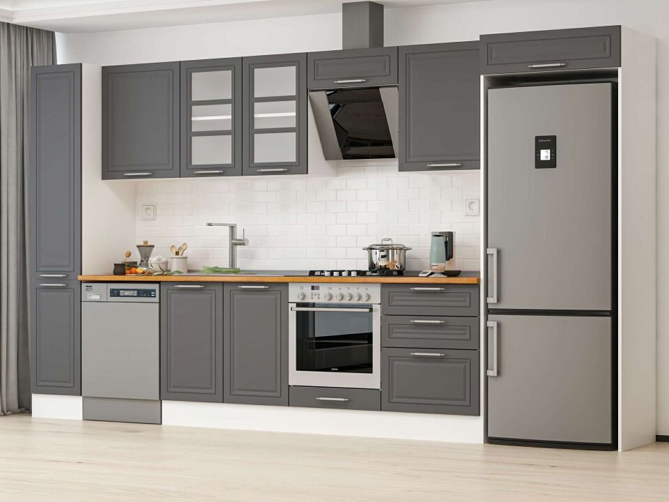 Alvinka 390X222 Cm Klasik Mebran Mutfak Dolabı Mbb-E90B40S60-3 Mebran | Antrasit - Mdf