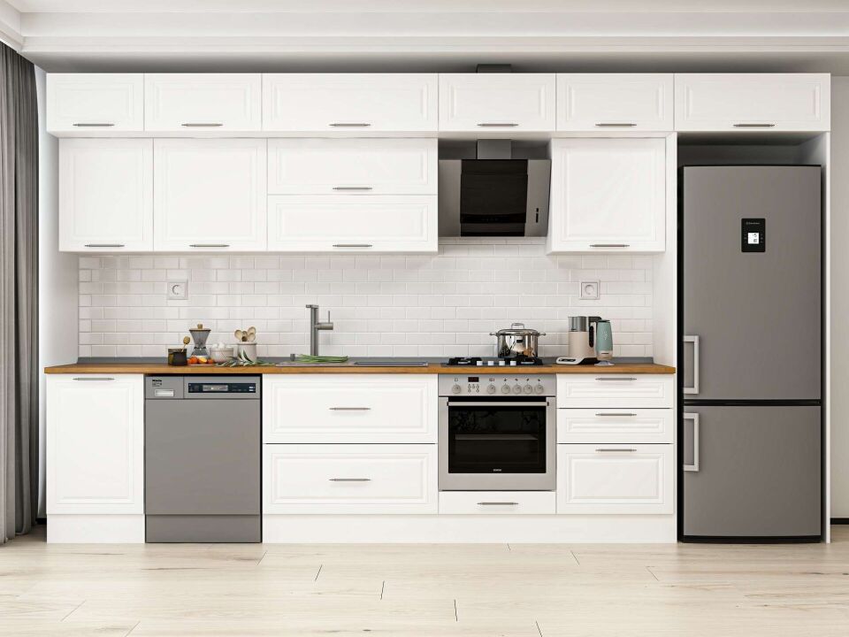 Alvinka 400X240 Cm Klasik Mebran Mutfak Dolabı Mb-E90S50S60-2 Mebran | Beyaz - Mdf