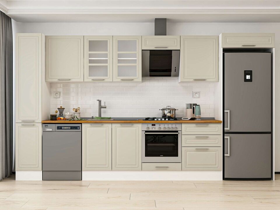 Alvinka 390X222 Cm Klasik Mebran Mutfak Dolabı Mbb-E90B40S60-3 Mebran | Kumtaşı - Mdf