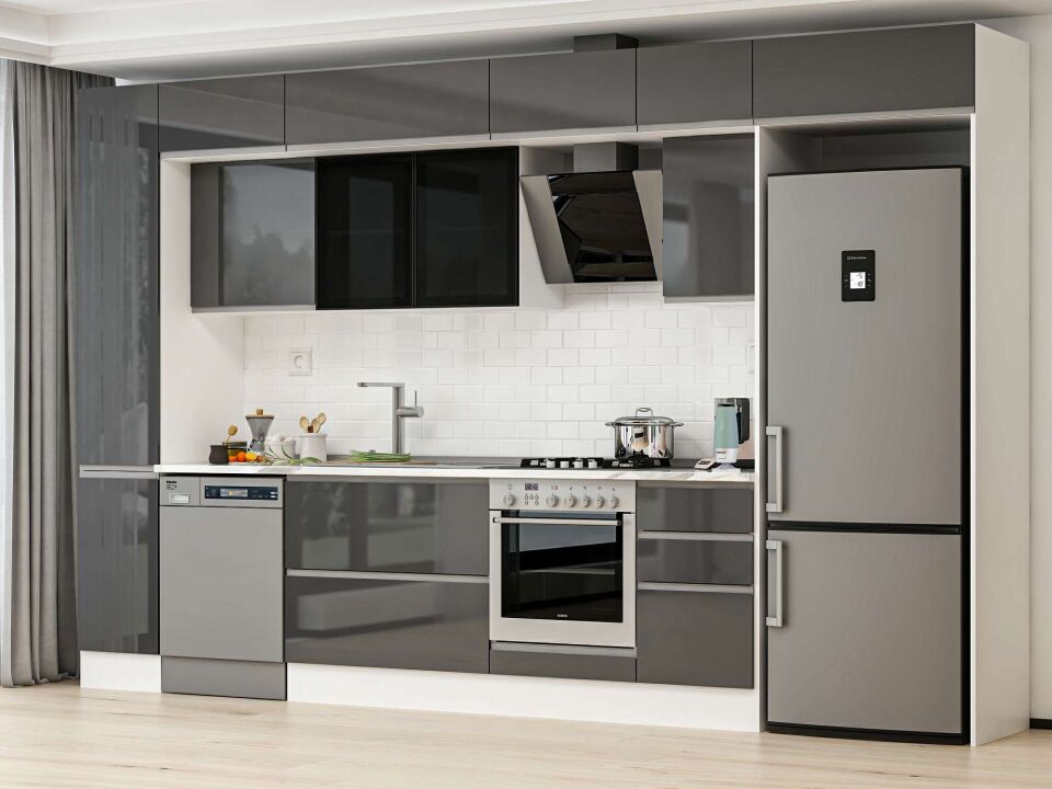 Alvinka 375X240 Cm High Gloss Mutfak Dolabı Mbb-E90B40S45-3 High Gloss | Antrasit - Suntalam