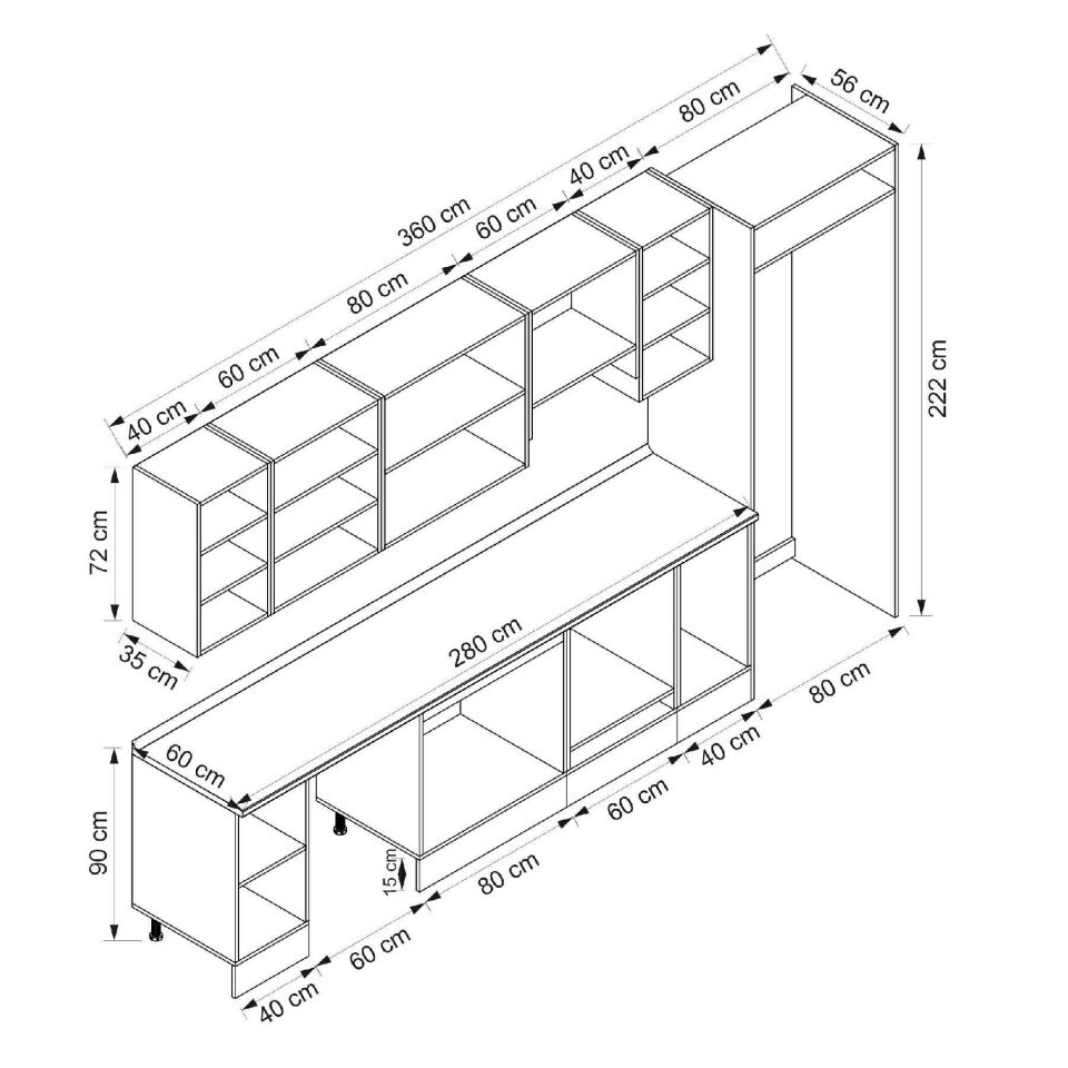Alvinka 360X222 Cm Klasik Mebran Mutfak Dolabı Beyaz Beyaz Mb-E80S40S40-1