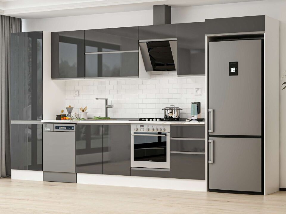 Alvinka 390X222 Cm High Gloss Mutfak Dolabı Mbb-E80B60S50-2 High Gloss | Antrasit - Mdf