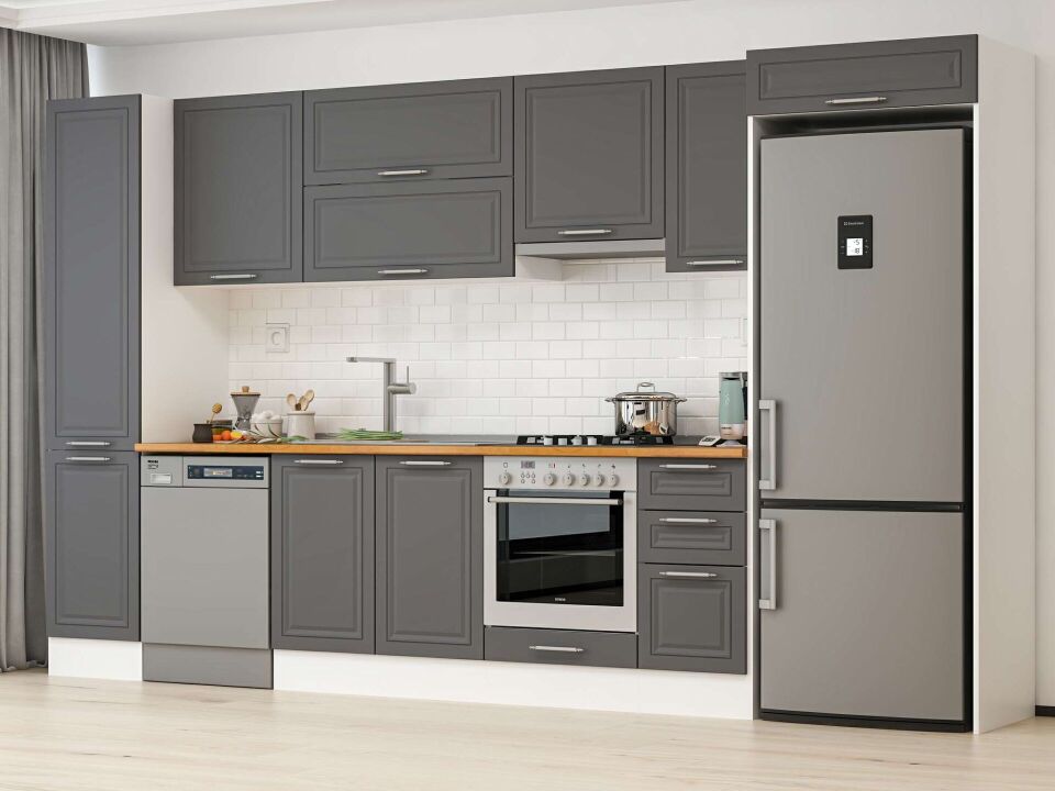 Alvinka 375X222 Cm Klasik Mebran Mutfak Dolabı Mbb-E90B45S40-1 Mebran | Antrasit - Mdf