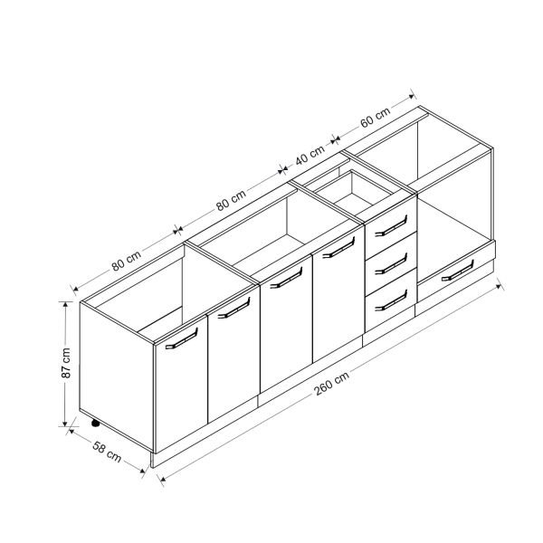 Minar 260 Cm Mutfak Dolabı Beyaz Dore 260-D3-Alt Modül