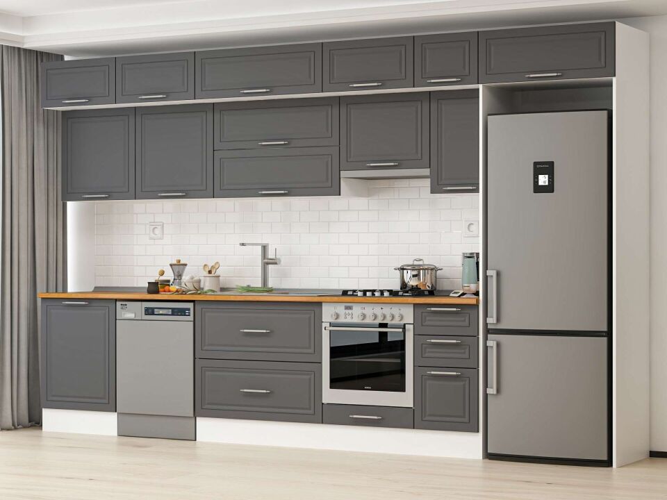 Alvinka 390X240 Cm Klasik Mebran Mutfak Dolabı Mb-E90S60S40-1 Mebran | Antrasit - Suntalam