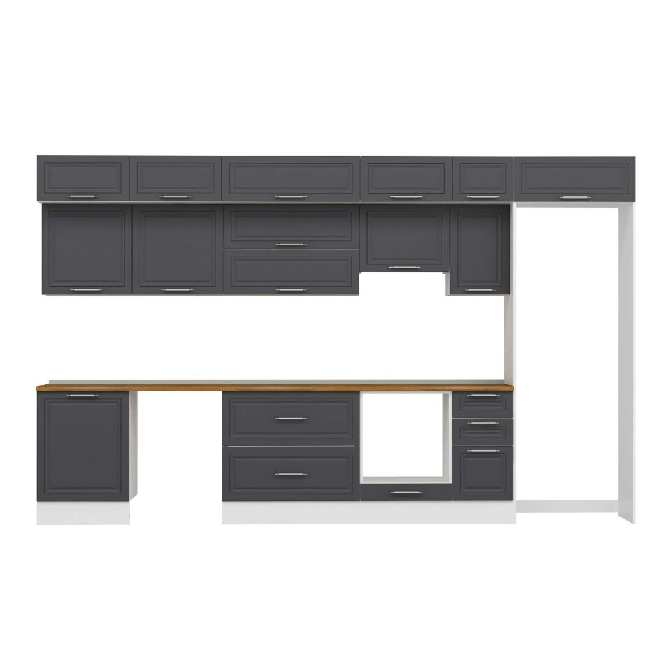 Alvinka 390X240 Cm Klasik Mebran Mutfak Dolabı Mb-E90S60S40-1 Mebran | Antrasit - Suntalam