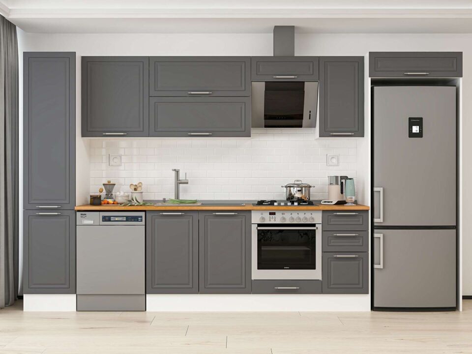 Alvinka 375X222 Cm Klasik Mebran Mutfak Dolabı Mbb-E90B45S40-2 Mebran | Antrasit - Mdf