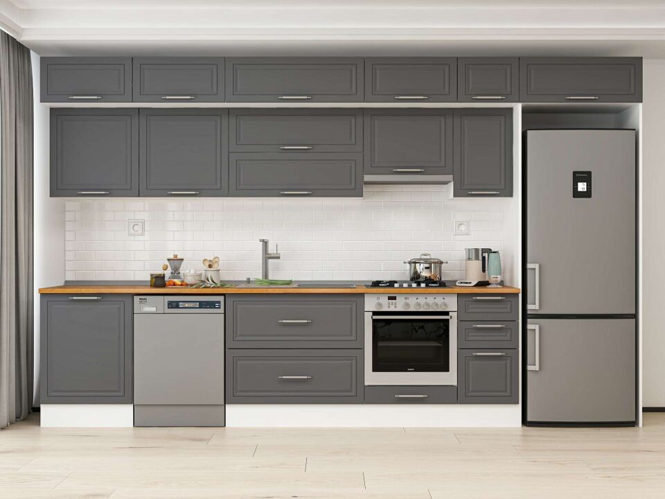 Alvinka 390X240 Cm Klasik Mebran Mutfak Dolabı Mb-E90S60S40-1 Mebran | Antrasit - Mdf