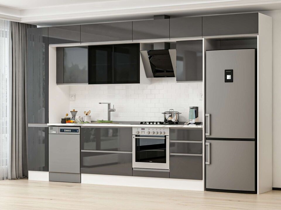 Alvinka 380X240 Cm High Gloss Mutfak Dolabı Mbb-E90B40S50-3 High Gloss | Antrasit - Suntalam