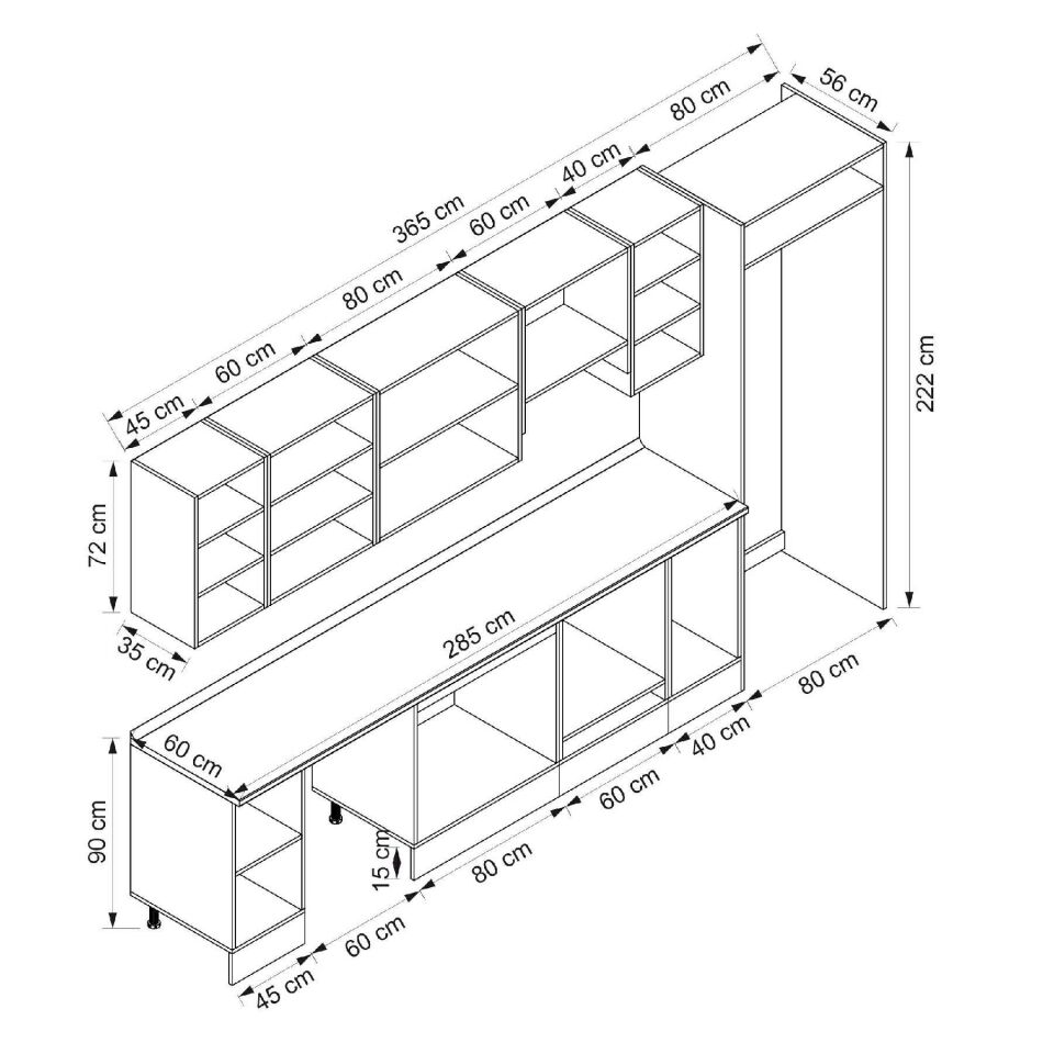 Alvinka 365X222 Cm Klasik Mebran Mutfak Dolabı Beyaz Beyaz Mb-E80S45S40-1