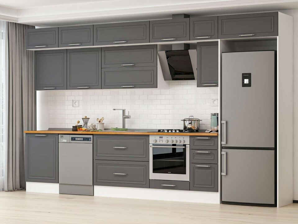 Alvinka 390X240 Cm Klasik Mebran Mutfak Dolabı Mb-E90S60S40-2 Mebran | Antrasit - Suntalam