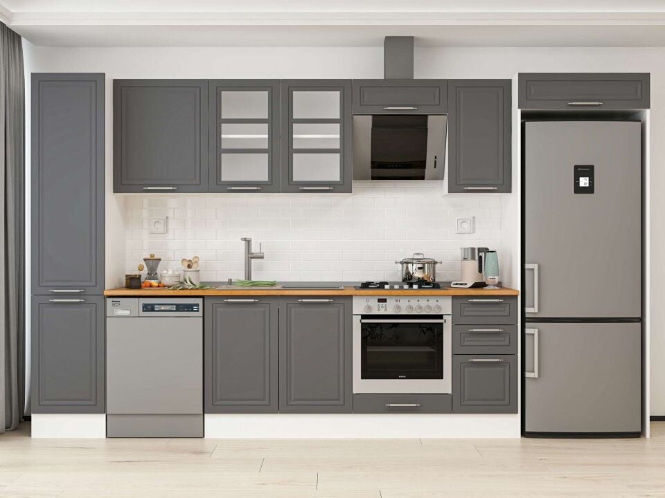 Alvinka 375X222 Cm Klasik Mebran Mutfak Dolabı Mbb-E90B45S40-3 Mebran | Antrasit - Mdf