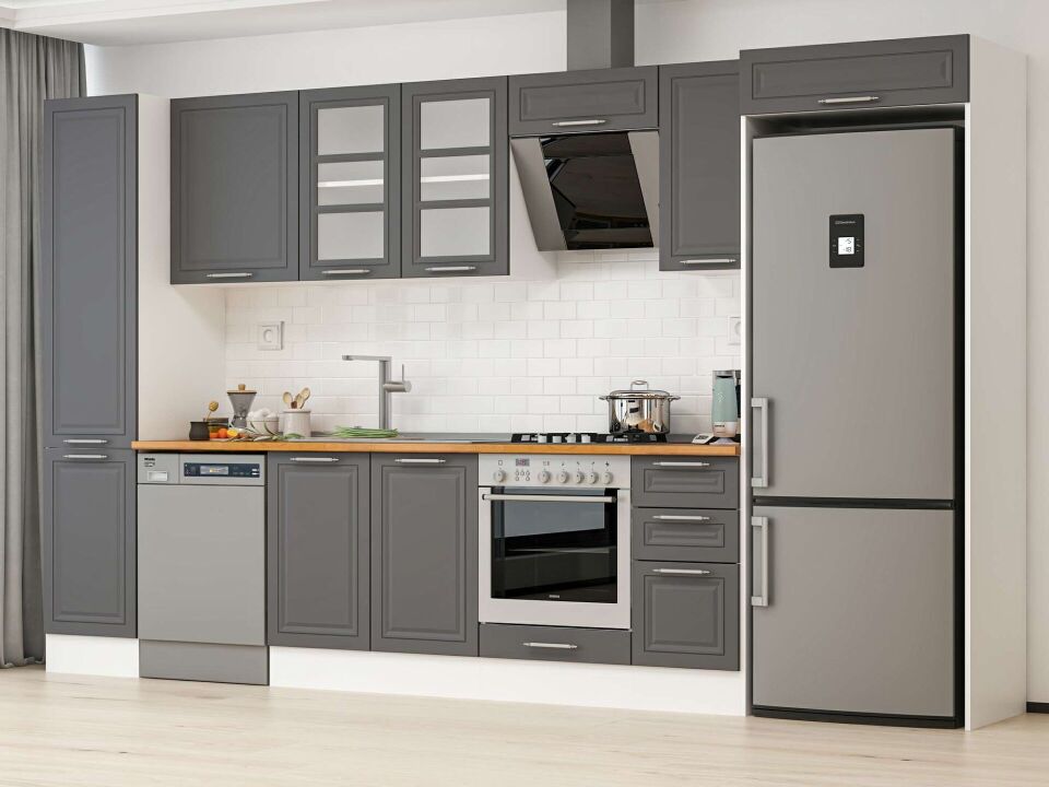 Alvinka 375X222 Cm Klasik Mebran Mutfak Dolabı Mbb-E90B45S40-3 Mebran | Antrasit - Mdf