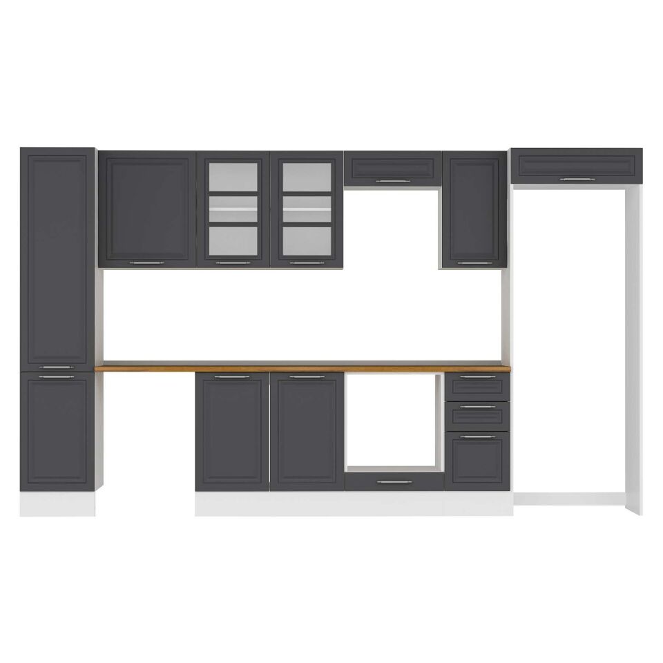 Alvinka 375X222 Cm Klasik Mebran Mutfak Dolabı Mbb-E90B45S40-3 Mebran | Antrasit - Mdf