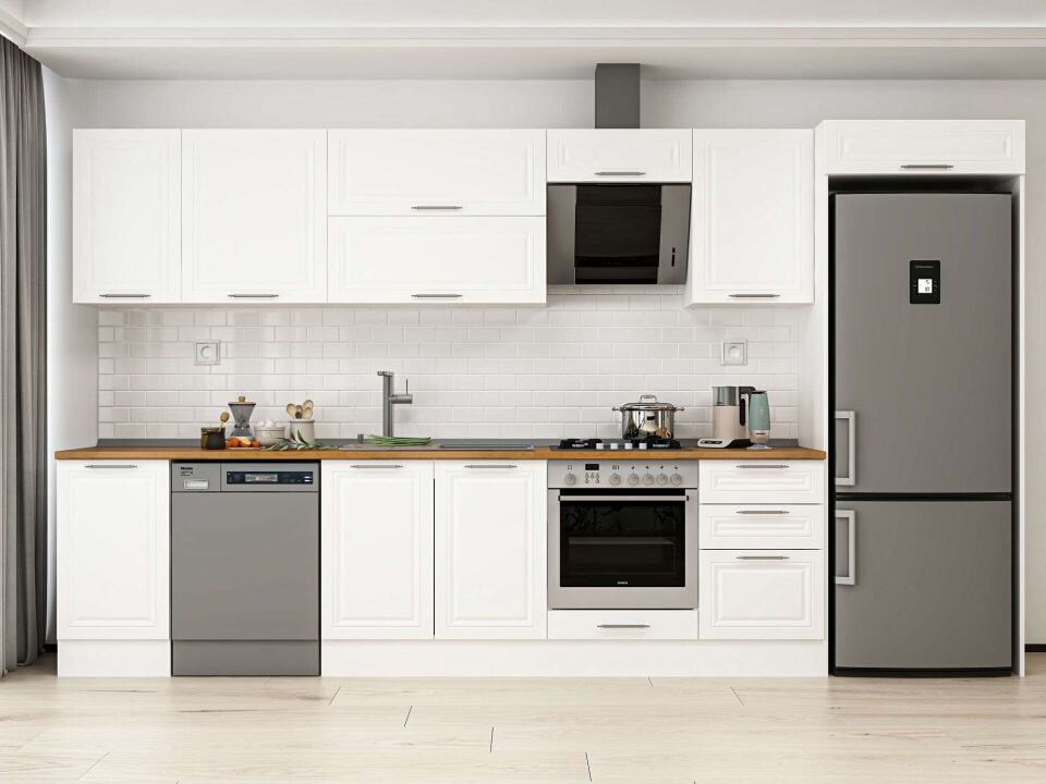 Alvinka 375X222 Cm Klasik Mebran Mutfak Dolabı Beyaz Beyaz Mb-E80S45S50-2