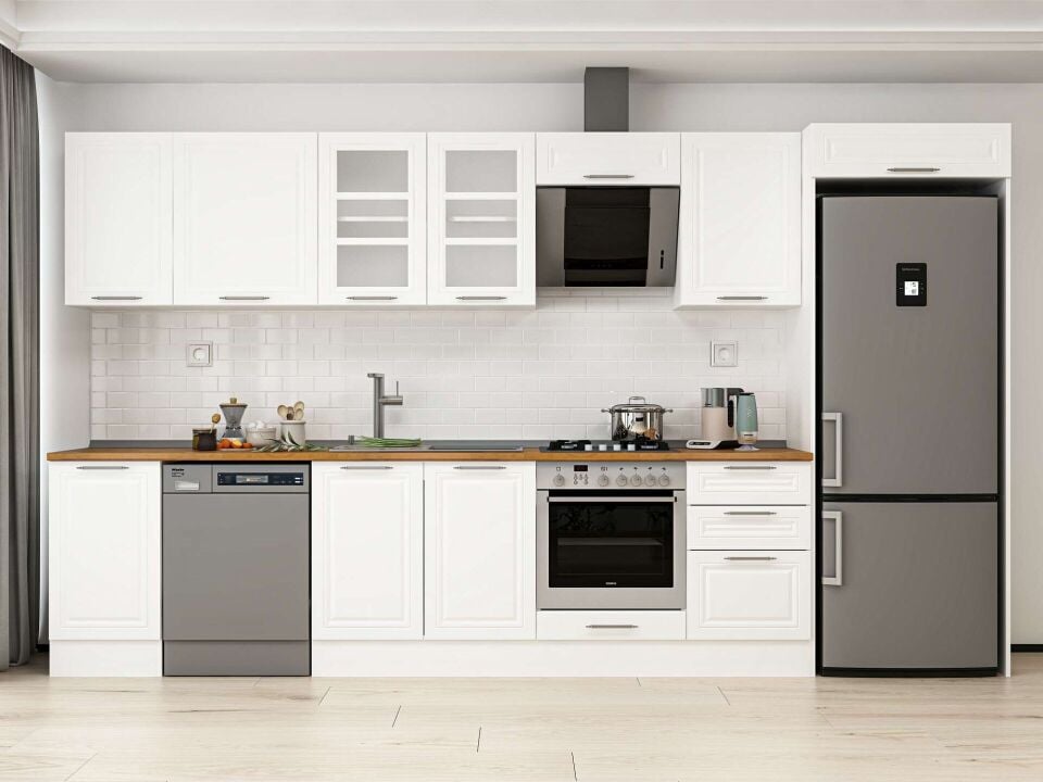 Alvinka 375X222 Cm Klasik Mebran Mutfak Dolabı Beyaz Beyaz Mb-E80S45S50-3